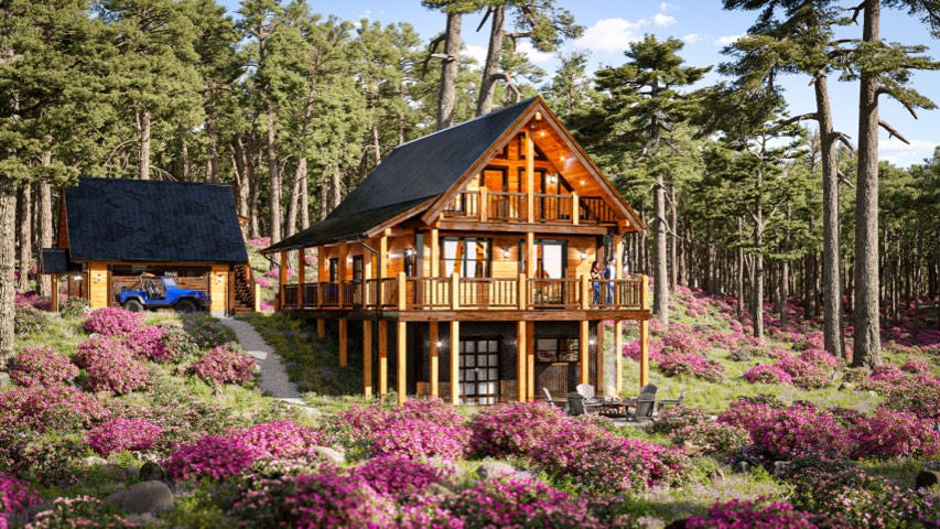 Brown custom log home rendering